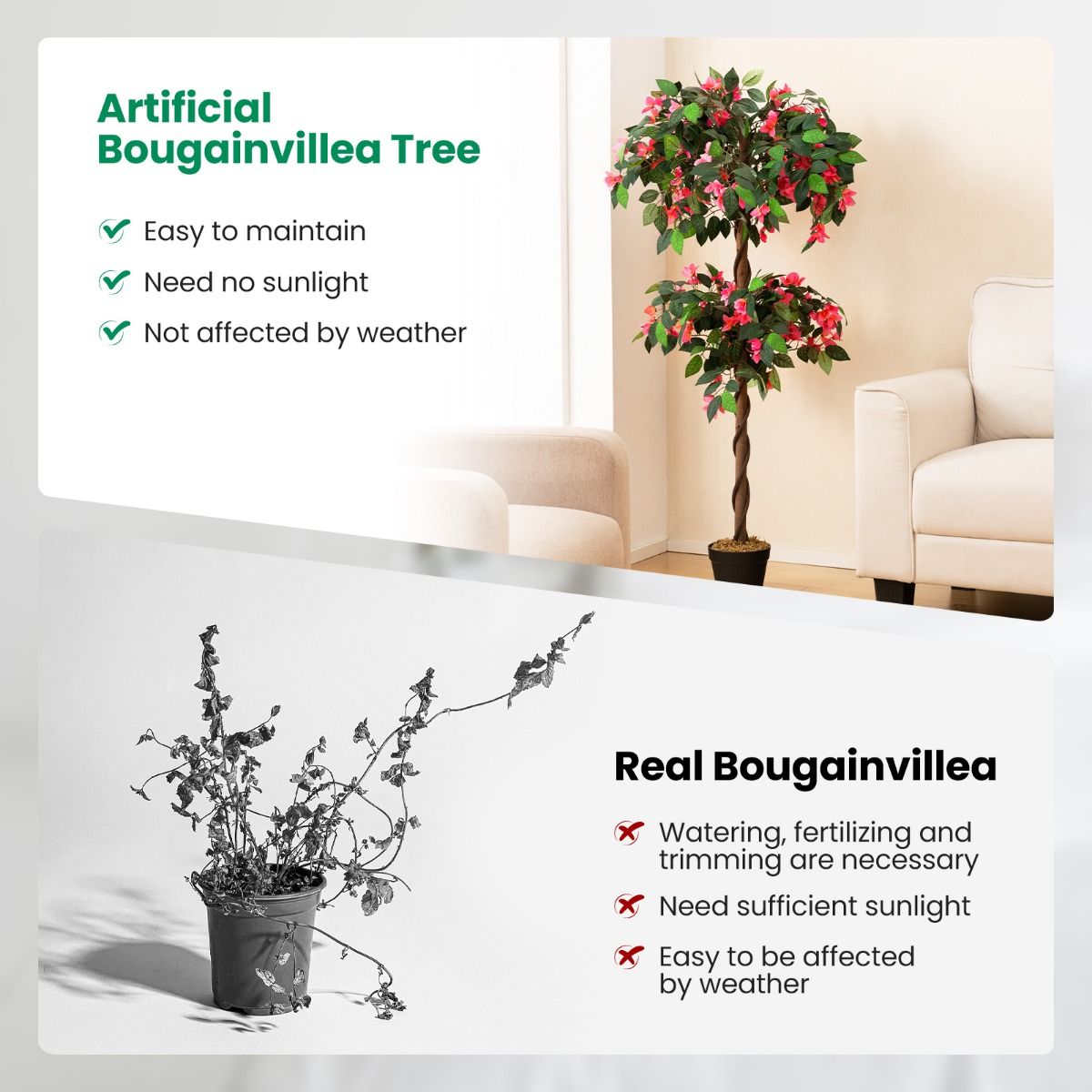 140 CM Artificial Bougainvillea Tree with 252 Flowers and 630 Leaves and Real Wood Trunk